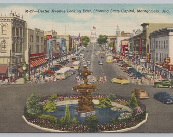 Vintage Postcard, Dexter Avenue looking east, Showing Alabama State Capitol Building, Montgomery Alabama, c1940s unposted