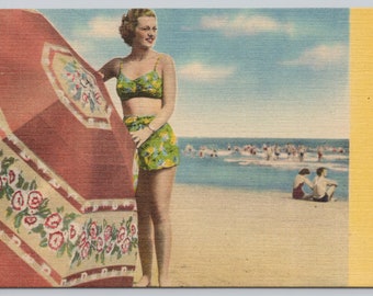 Vintage Postcard, Woman wearing Vintage Bathing Suit with Beach Umbrella, c1940s unposted