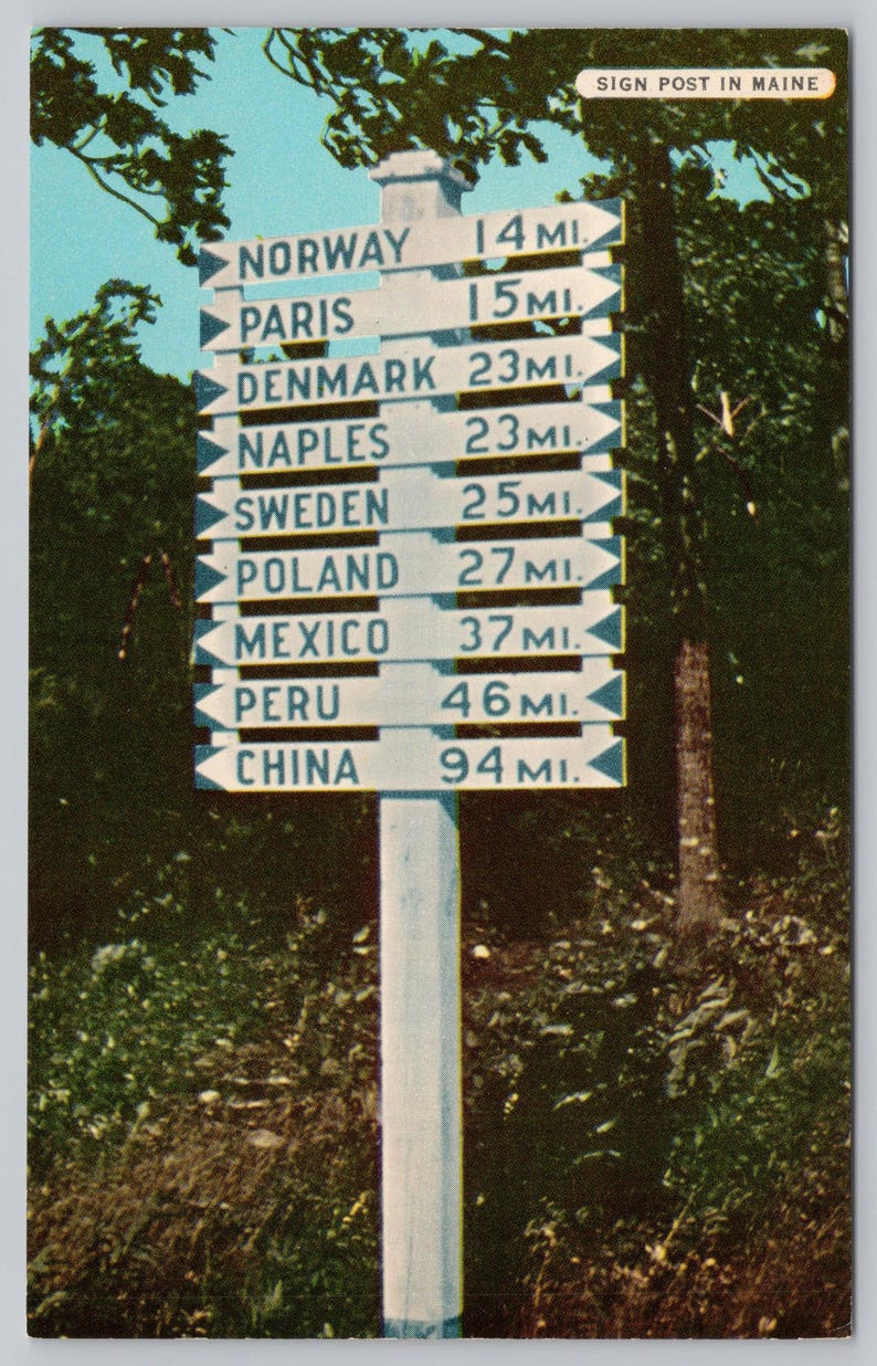 Vintage Postcard, Famous Sign Post in Maine, Norway Paris Denmark ...