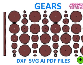 PRECISION GEARS, industrial grade gears, 10DP  laser cut files, CNC router files. True involute, scalable gear forms. dxf, svg, ai,pdf.