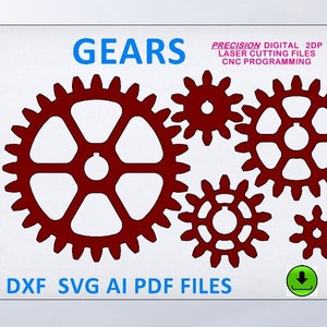 Puede incluir: Una descarga digital de cinco engranajes rojos de diferentes tamaños. Los engranajes están delineados en blanco y tienen un centro blanco. El texto "GEARS" está en azul en la parte superior de la imagen. El texto "PRECISION DIGITAL 2DP LASER CUTTING FILES CNC PROGRAMMING" está en rosa en la parte superior derecha de la imagen. El texto "DXF SVG AI PDF FILES" está en azul en la parte inferior de la imagen. Una flecha de descarga verde está en la esquina inferior derecha de la imagen.
