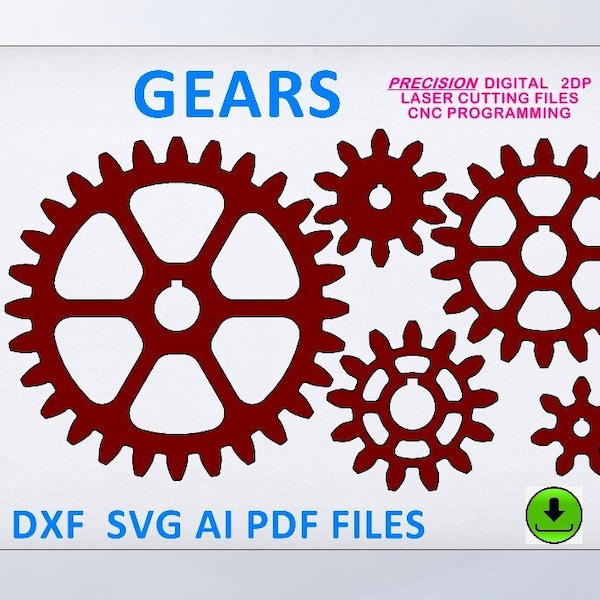 PRECISION GEAR files, 2DP, laser cut files, CNC router files. These true involute, industrial grade gears are very accurate. dxf ai svg pdf