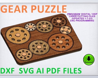 Gear PUZZLE file. STEM project. It is an over-sized fidget spinner. CNCrouter/laser files. Precision 10DP Gears. cnc ,dxf  svg, ai, pdf file