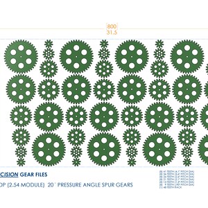 May include: A set of 18 green precision gear files with 10 DP (2.54 module) and 20&deg; pressure angle spur gears. The gear files are arranged in rows and columns on a white background. The text "PRECISION GEAR FILES" and "10 DP (2.54 MODULE) 20&deg; PRESSURE ANGLE SPUR GEARS" is printed below the gears.