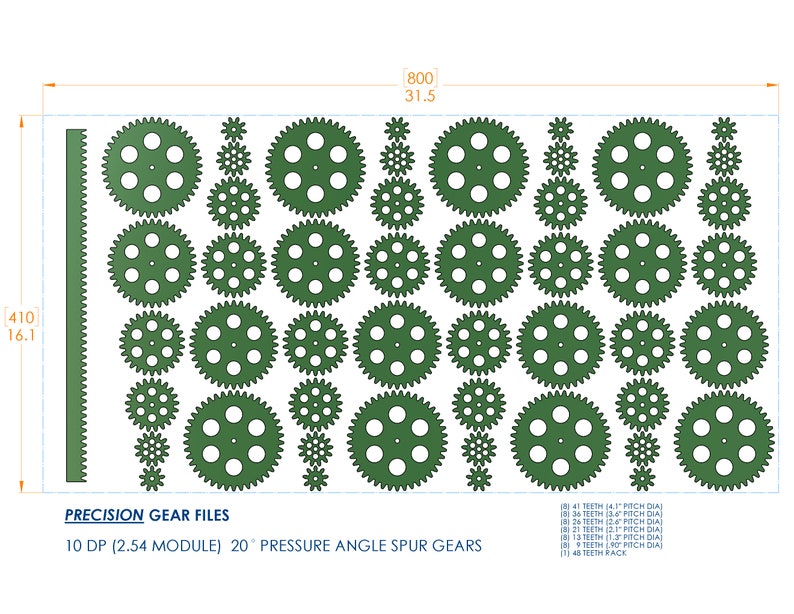 May include: A set of 18 green precision gear files with 10 DP (2.54 module) and 20&deg; pressure angle spur gears. The gear files are arranged in rows and columns on a white background. The text "PRECISION GEAR FILES" and "10 DP (2.54 MODULE) 20&deg; PRESSURE ANGLE SPUR GEARS" is printed below the gears.