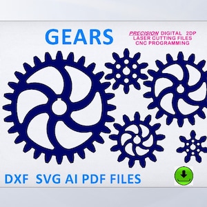 May include: A digital download of 2D precision laser cutting files for gears. The files are for CNC programming. The image shows a set of blue gears interlocked with each other. The text "GEARS" is in blue at the top of the image. The text "PRECISION DIGITAL 2DP LASER CUTTING FILES CNC PROGRAMMING" is in pink at the top right of the image. The text "DXF SVG AI PDF FILES" is in blue at the bottom of the image. A green download icon is at the bottom right of the image.