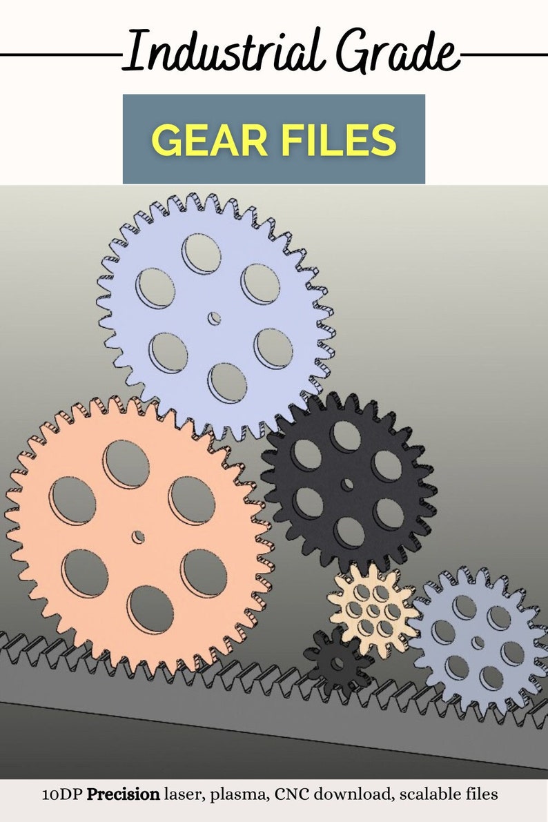 May include: A set of five interlocking gears in various colours, including blue, black, orange, and beige. The gears are designed for laser cutting, plasma cutting, or CNC machining. The text "10DP Precision laser, plasma, CNC download, scalable files" is at the bottom of the image.