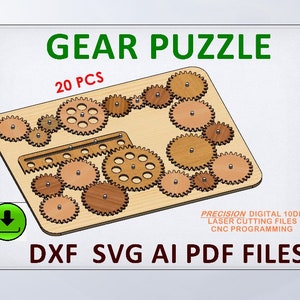 以下が含まれることがあります： 20ピースの歯車パズル。レーザーカットされた木製の歯車パズルで、CNCプログラミング用のデジタルファイルが付属しています。ファイルはDXF、SVG、AI、PDF形式で入手できます。