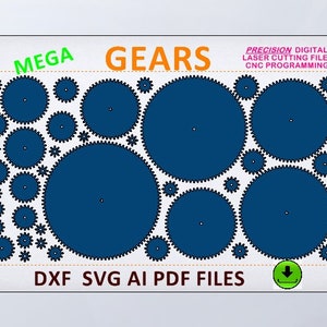 Könnte beinhalten: Digitales Design mit blauen Zahnrädern verschiedener Größen auf weißem Hintergrund. Das Wort "GEARS" ist orange, mit "MEGA" in Grün darüber. Der Text enthält "PRECISION DIGITAL LASER CUTTING FILES CNC PROGRAMMING" und "DXF SVG AI PDF FILES".