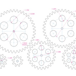 May include: A diagram of four interlocking gears with different diameters. The gears have 5mm holes and are labelled with their diameters in inches.
