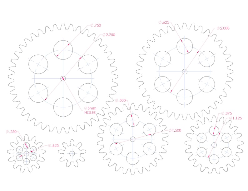 May include: A diagram of four interlocking gears with different diameters. The gears have 5mm holes and are labelled with their diameters in inches.