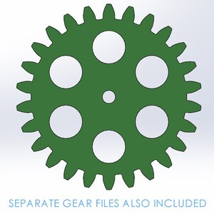May include: A green gear with five holes, each with a circular cutout. The gear has 32 teeth.