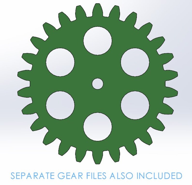 May include: A green gear with five holes, each with a circular cutout. The gear has 32 teeth.