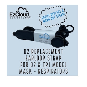 May include: Black earloop strap replacement for 02 and TR1 model masks and respirators. The strap is made of durable material and is easy to replace.  EzCloud Solutions logo is visible on the packaging.  "Easily replace a worn out strap!" is written on a white circle with a black outline.