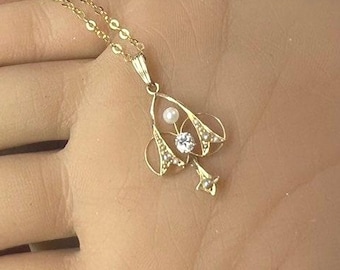 c. 1900 Antique 14k Gold Diamond and Pearl Victorian Lavaliere Pendant and 14k Gold Chain Necklace