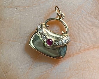c. 1990 Vintage 14k Gold, Diamond and Ruby "Purse" Pendant / Charm Plus a Gift of a c. 1965 Sterling Mid-Century "Purse" Pendant / Charm