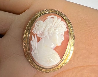 c. 1870 Antique 14k Gold Victorian Hand Carved Cameo Pin / Pendant Plus a Gift of a c. 2020 Modern Sterling Silver "Diamond Double" Ring
