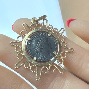 c. 325 Antique Constantine II Bronze Roman Replica Coin in a Handmade 14k Gold Bezel Plus a Gift of c. 1960 Sterling Handmade Drop Earrings
