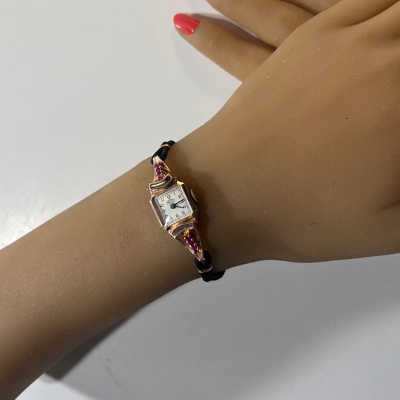 c. 1940 14k Rose Gold and Ruby Retro Modern Swiss… - image 2