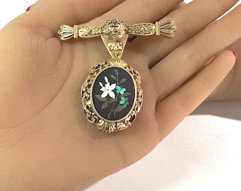 c. 1865 Antique 14k Gold Victorian, Handmade, Hand-Carved, Etruscan Revival Pristine Pietra Dutra Mosaic Dangling Pin / Brooch ** 52% Off **