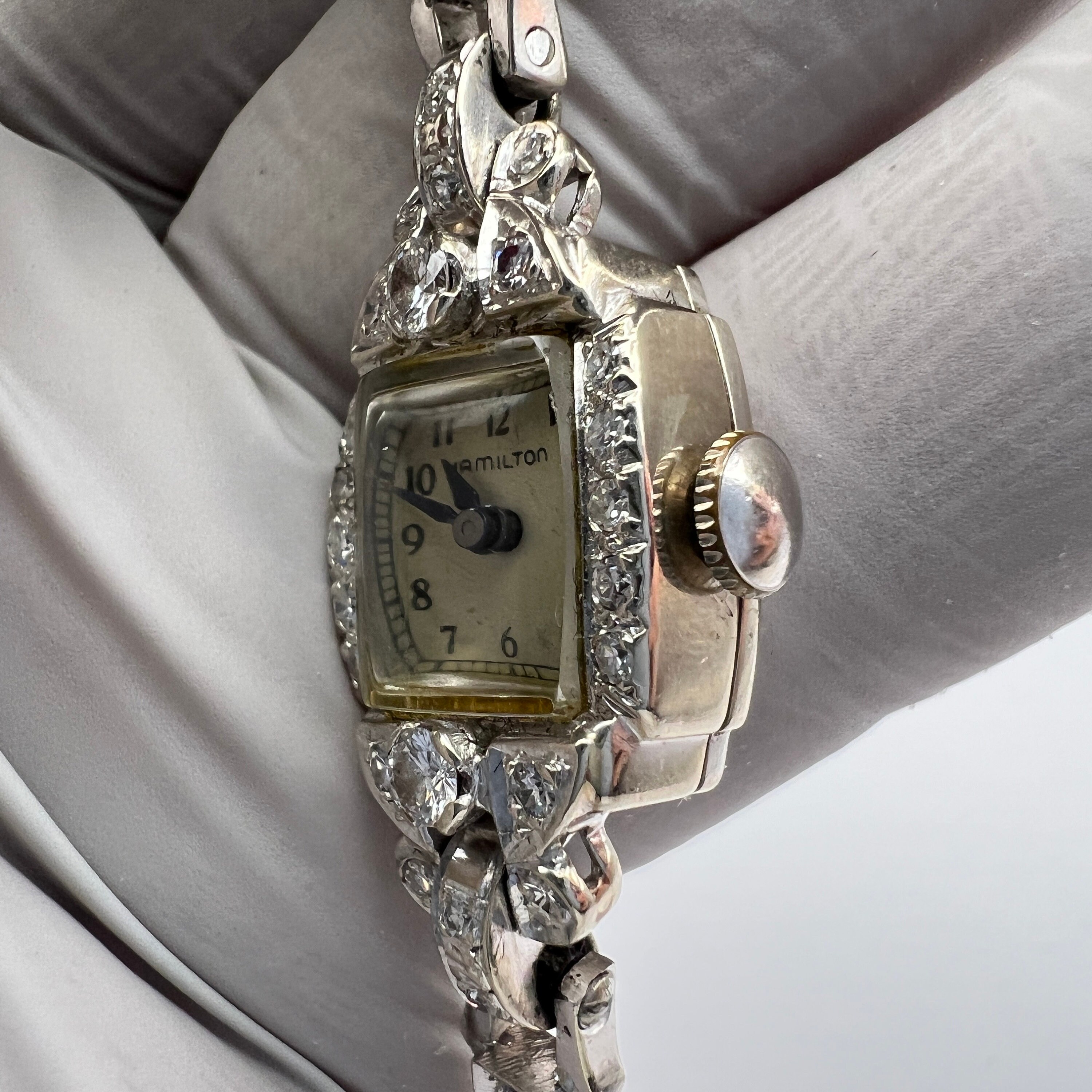 C. 1950 14k White Gold and Diamond Mid-century Hamilton 