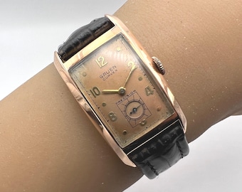 Orologio Gruen Curvex Sovereign vintage da collezione, in oro rosa 14 carati, risalente al 1945 circa. Pulito e revisionato il 18/07/2024, pronto per la spedizione.