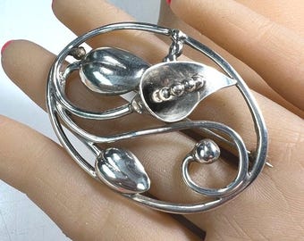 c. 1920 Antique Sterling Silver Art Nouveau, Handmade, Rare Pin / Brooch Plus a Free Gift of c. 1950 Mid-Century Gold Filled Pearl Earrings