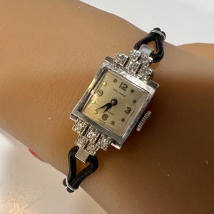 c. 1940 14k White Gold and Diamond Art Deco Hallmark Women&#39;s Cocktail Watch. Cleaned and Serviced on  11/19/2025. READY TO SHIP