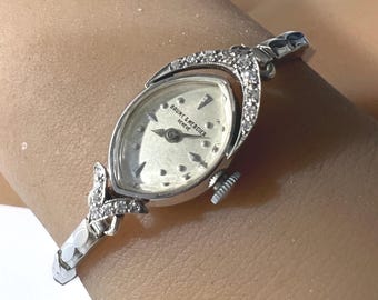 c. 1965 Vintage 14k White Gold and Diamond Mid-Century Baume et Mercier Women's Cocktail Watch with a Free 400 Dollar Service & Restoration.