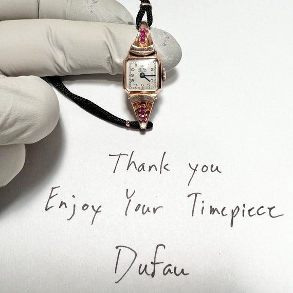 c. 1940 14k Rose Gold and Ruby Retro Modern Swiss… - image 9