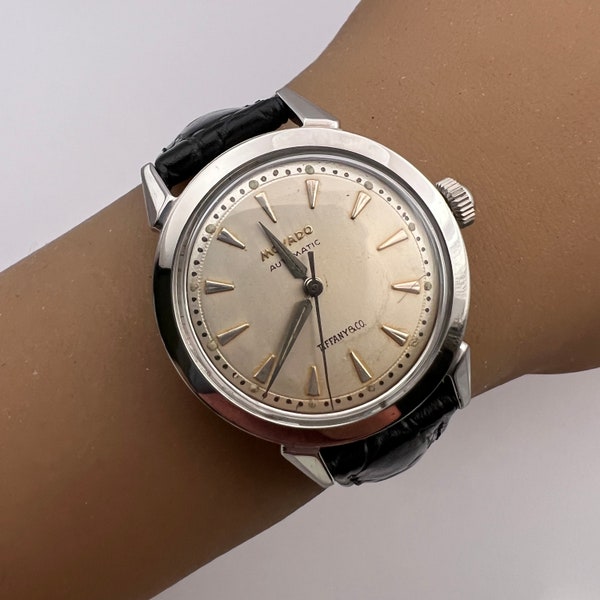 c. 1950 Fine Collectible Stainless Steel Mid-Century Tiffany & Co Movado Automatic Dress Watch. READY TO SHIP- serviced on July 18, 2023
