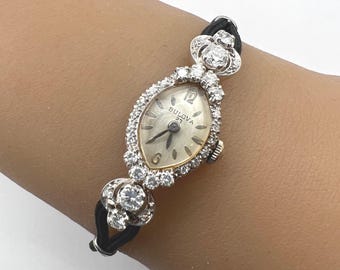 c. 1955 Vintage 14k White Gold and Diamond Mid-Century Bulova Women's Cocktail Watch.  Free 400 Dollar Cleaning Plus a Silk Bracelet