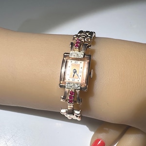 c. 1945 14k Rose Gold Diamond and Ruby Retro Modern Nastrix Swiss Women's Cocktail Watch. Plus a Free 400 Dollar Service & Restoration