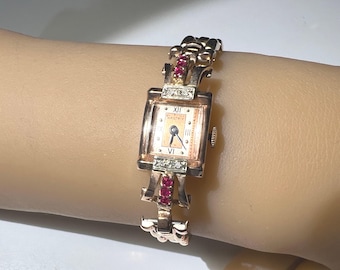 c. 1945 14k Rose Gold Diamond and Ruby Retro Modern Nastrix Swiss Women's Cocktail Watch. Plus a Free 400 Dollar Service & Restoration