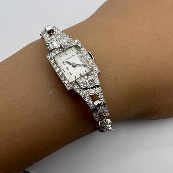 C. 1940 Platinum and Diamond Art Deco Hamilton Women display picture 1