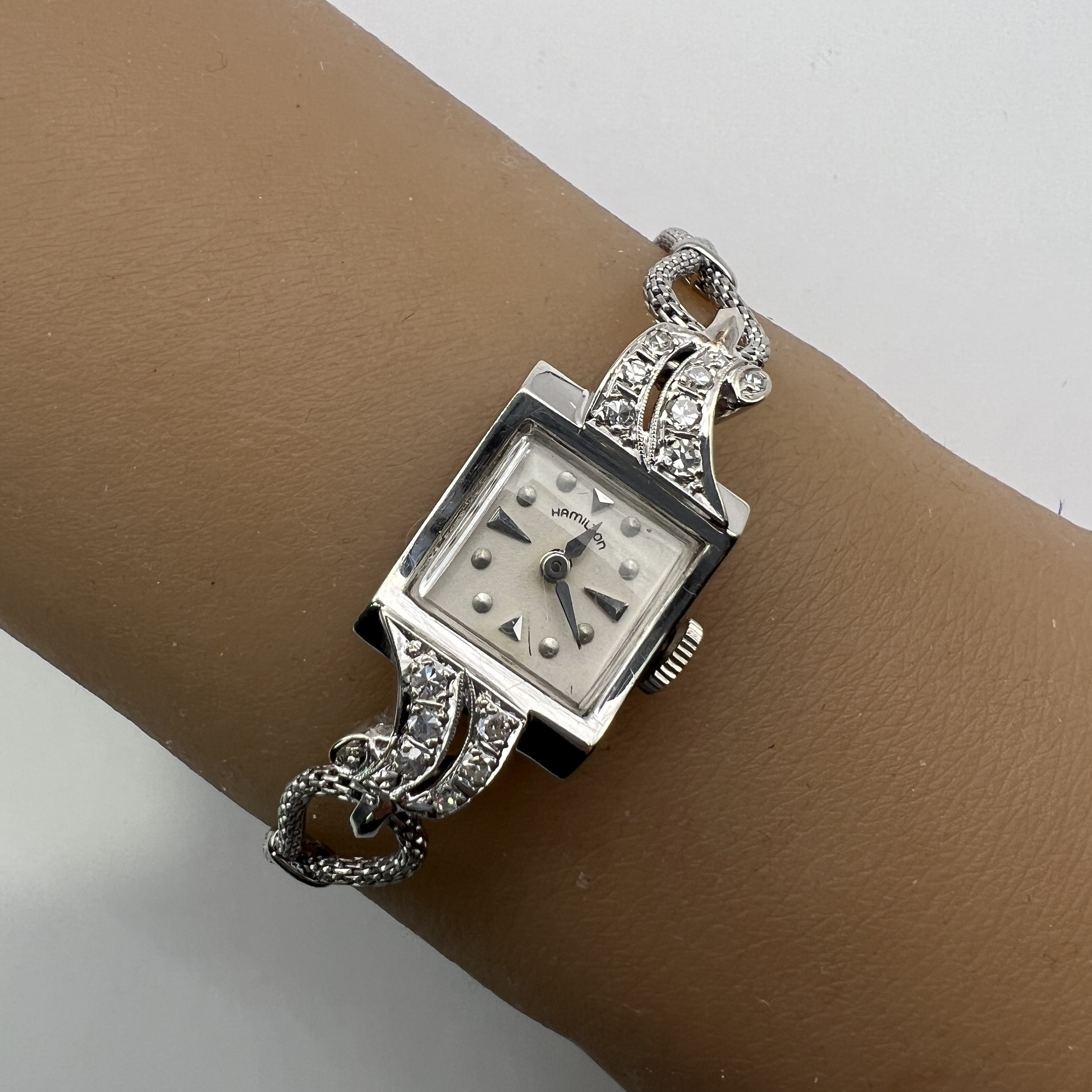 C. 1955 14k White Gold and Diamond Mid-century Hamilton  display picture 2