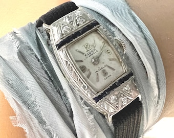 c. 1925 Vintage 18k White Gold and Diamond Art Deco Eloga Women's Cocktail Watch. Cleaned and Restored on 3/30/2014.    READY TO SHIP