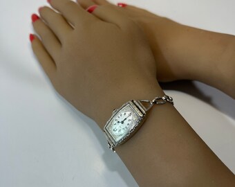 Vintage Gruen 10K White Gold Filled Diamond Accent Art Deco Ladies Wrist Watch Art Deco 14 Kt White Gold Ladies Gruen Wristwatch - Etsy main image 3