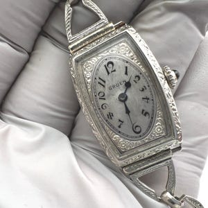 c. 1925 Vintage 14k White Gold Filled Art Deco Gruen Swiss Women's Dress Watch. Included is a Free 400 Dollar Service & Restoration image 4