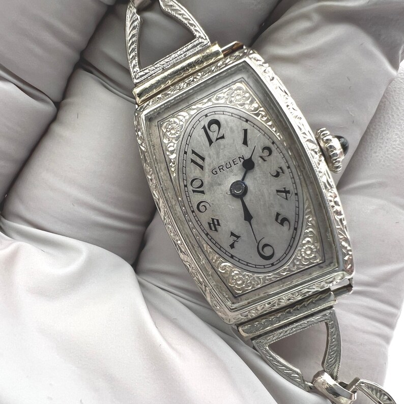 c. 1925 Vintage 14k White Gold Filled Art Deco Gruen Swiss Women's Dress Watch. Included is a Free 400 Dollar Service & Restoration image 4