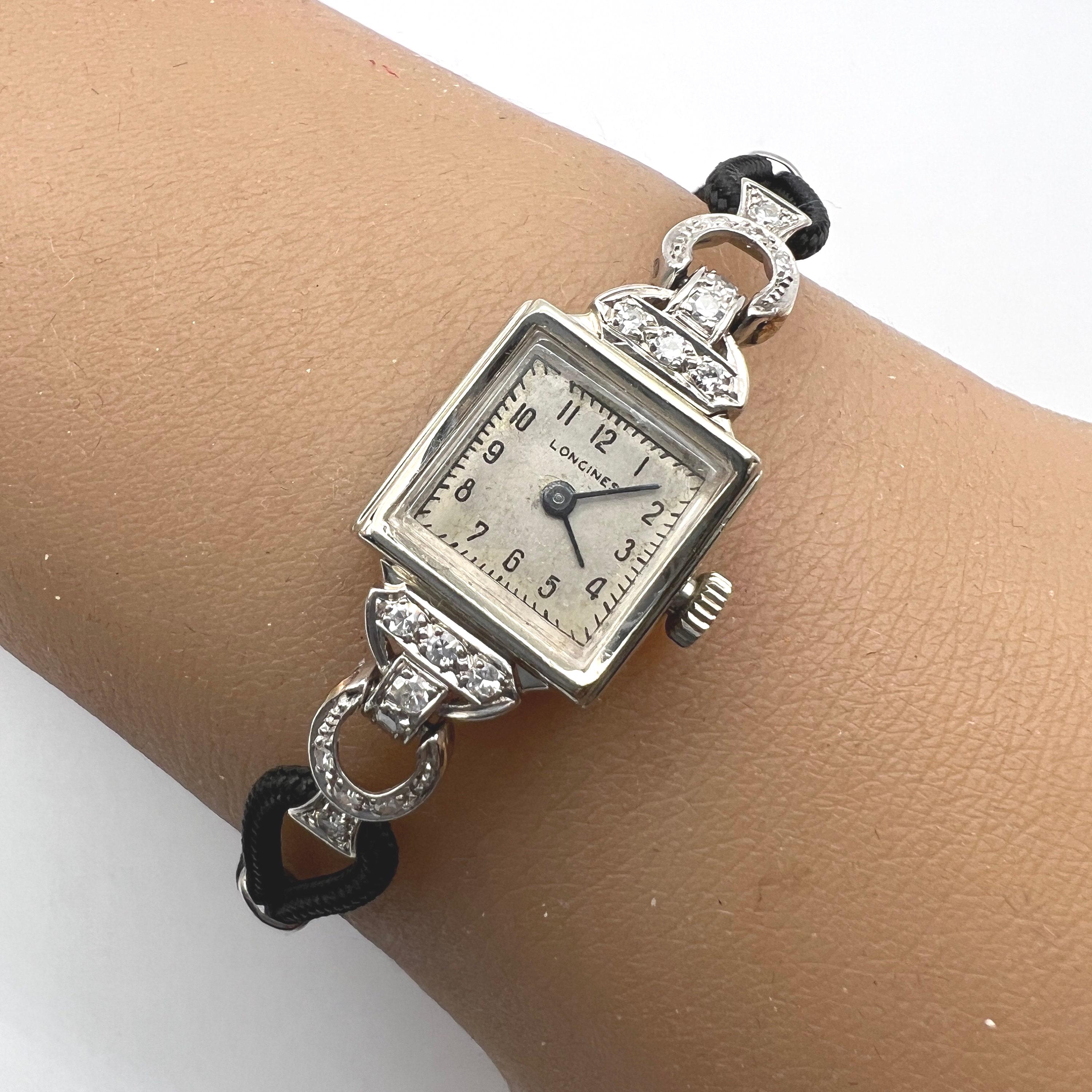 C. 1945 Vintage 14k White Gold and Diamond Mid-century Longines