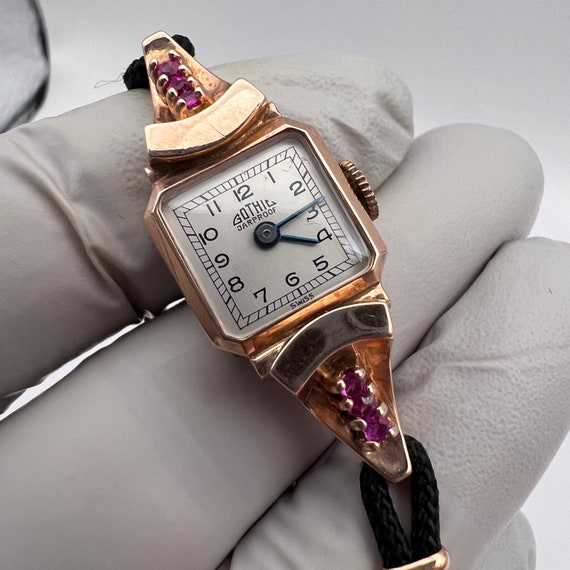 c. 1940 14k Rose Gold and Ruby Retro Modern Swiss… - image 4