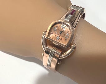 c. 1940 Vintage 14k Rose Gold Diamond and Ruby Retro Modern Paul Ditisheim Swiss Women's Cocktail Watch. Serviced and Restored on 8/12/2024