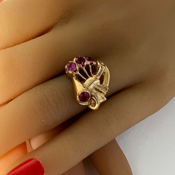 c. 1940 10k Gold Retro-Modern Synthetic Ruby Ring… - image 1