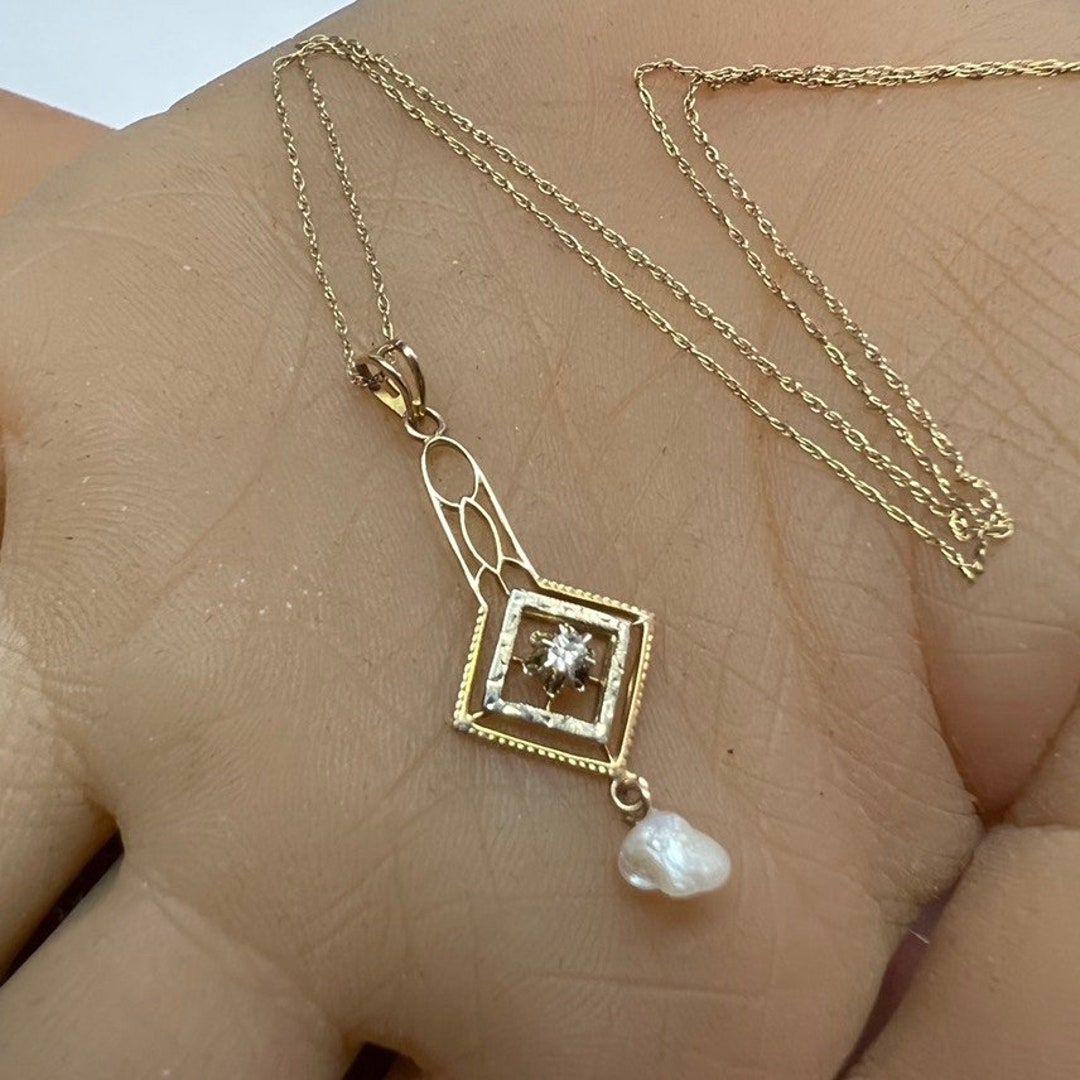 1930 14k Gold Diamond Victorian Lavaliere Pendant and 14k