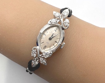 c. 1960 Vintage 14k White Gold and Diamond Mid-Century Bulova Women’s Cocktail Watch. Plus a Free 400 Dollar Cleaning Plus a Silk Bracelet