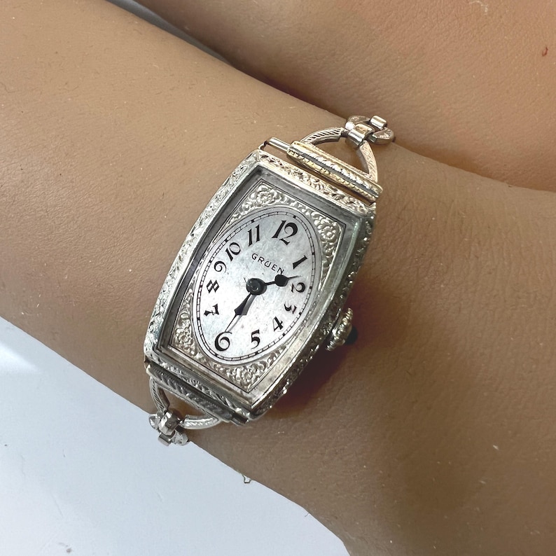 c. 1925 Vintage 14k White Gold Filled Art Deco Gruen Swiss Women's Dress Watch. Included is a Free 400 Dollar Service & Restoration image 1