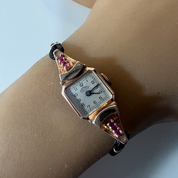c. 1940 14k Rose Gold and Ruby Retro Modern Swiss… - image 1