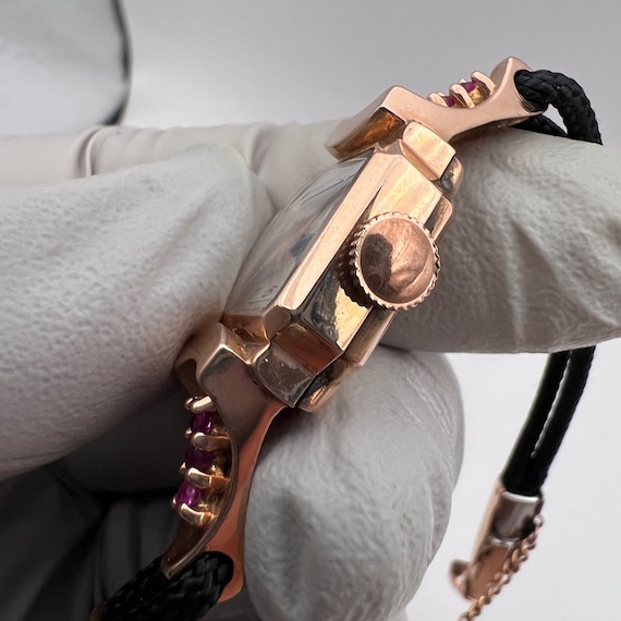 c. 1940 14k Rose Gold and Ruby Retro Modern Swiss… - image 5