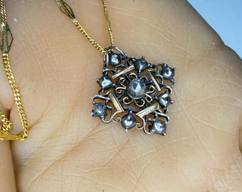 c. 1750 Antique 18k Gold, Silver and Diamond Extremely Rare Georgian Era Pendant with 24 inch 18 Karat Gold Chain
